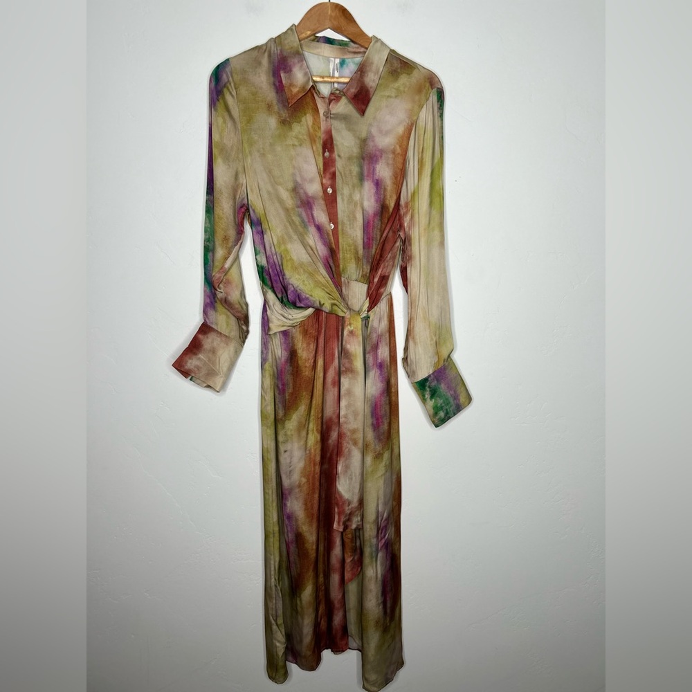 NWT Anthropologie Multicolor Midi Long Sleeve Tie Front Shirt Dress Size Large - Picture 2 of 15